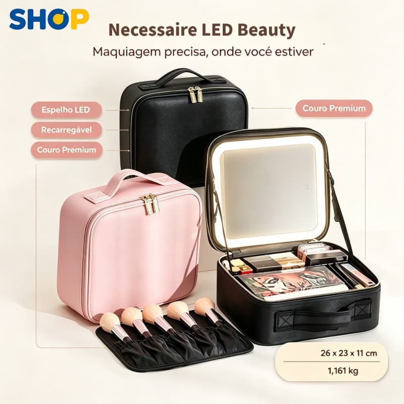 Maleta Organizadora de Maquiagem em Couro com Espelho LED Preto/Rosa Modelo Profissional-Q10