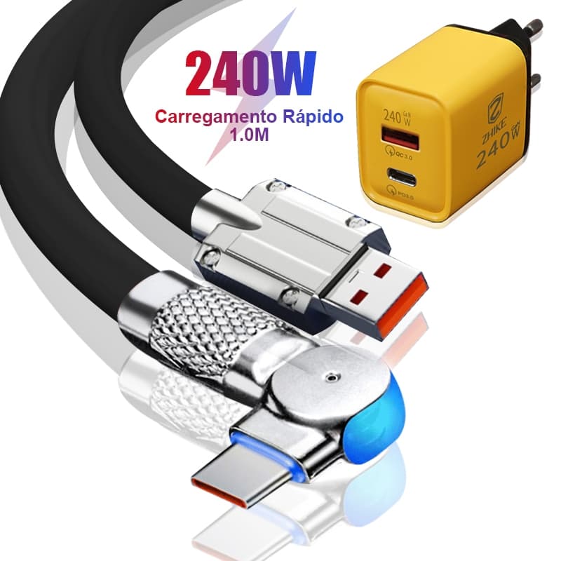 Kit Cabo Carregador Carregamento Rápido USB-A Para Tipo C 1M 180°Rotação Silicone Cabo Com GaN Adaptador