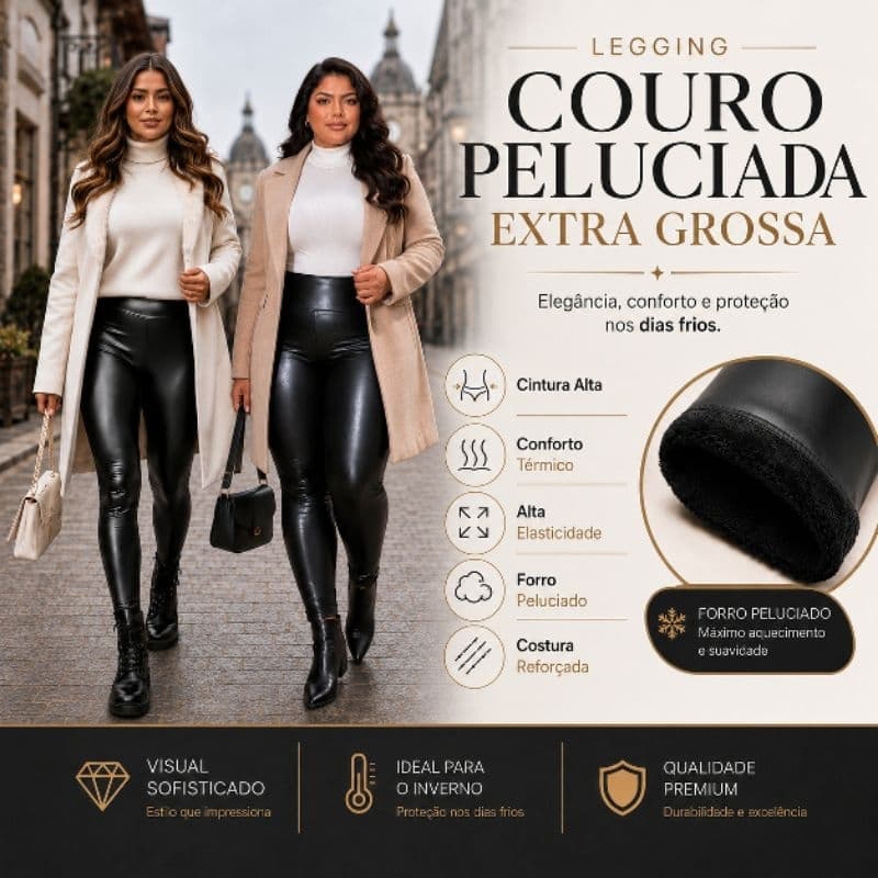 Calça Legging Extra Grossa Térmica Couro Sintético Feminina Flanelada Cintura Alta Modeladora Inverno