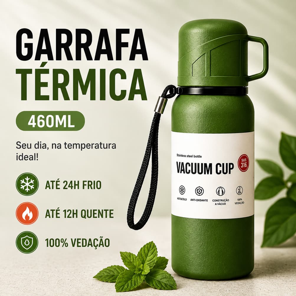 Garrafa Térmica 460ml Aço Inox 316 e 304 Com Alça Tampa Copo Isolamento a Vácuo Antivazamento