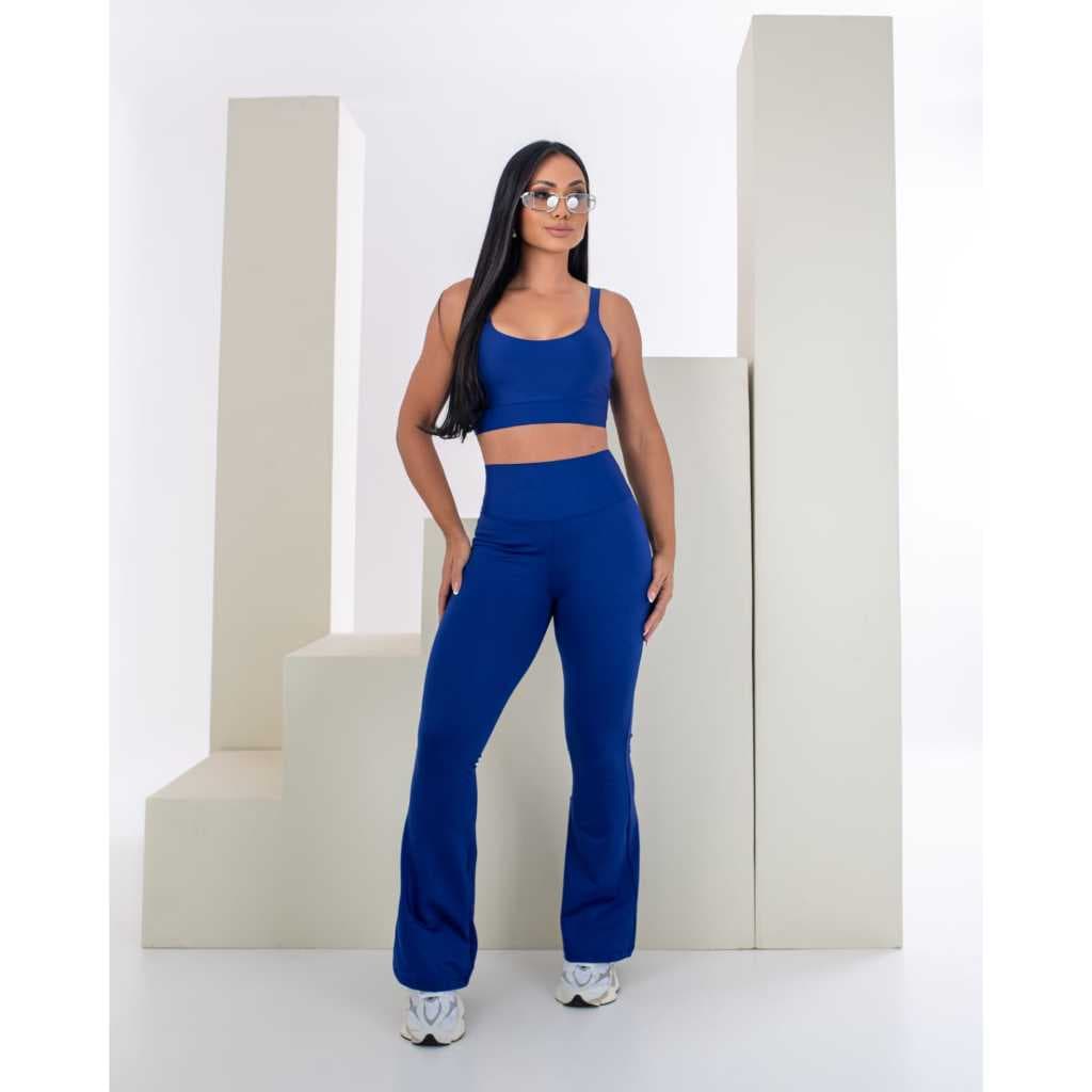 Conjunto Fitness Feminino Flare Cintura Alta com Top Premium Azul marinho