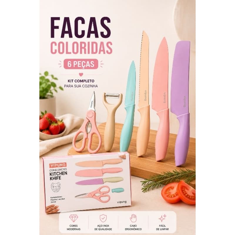 Kit de Facas para Cozinha Coloridas 6 Peças - Alta Qualidade com Tesoura e Descascador
