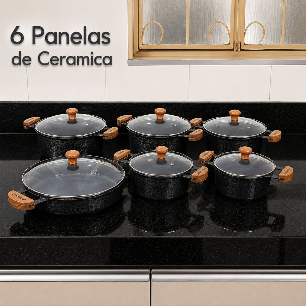 Jogo de 6 Panelas Ceramica Antiaderente Aluminio Fundido Incluso Frigideira - Diviforte - Preto