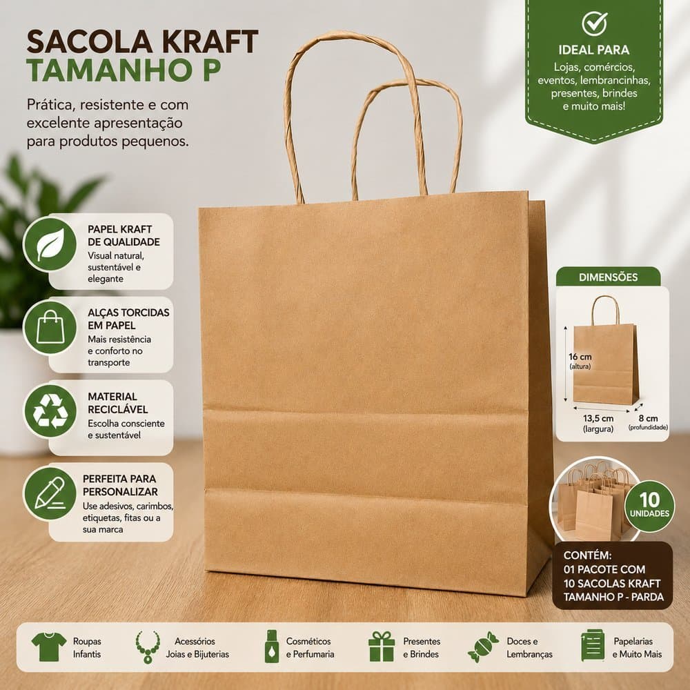 kit Pacote conjunto 10 Sacolas Kraft Tamanho P + M cor Parda escritorio casa festa