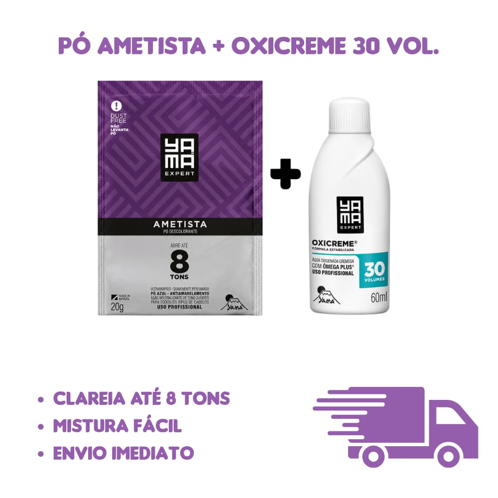 Kit Clareador Pó Descolorante Yamá Ametista 20g + Água Oxigenada 30 volumes 100ml.