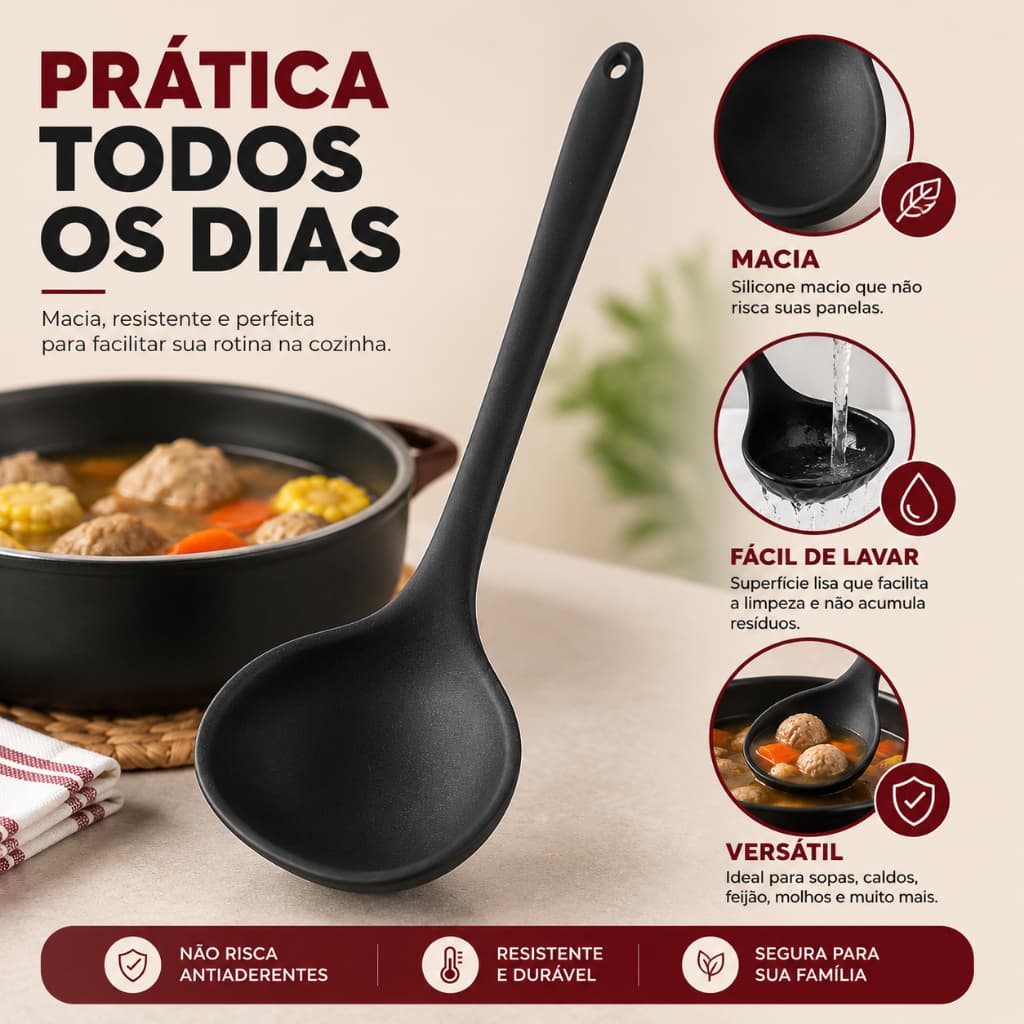 Concha de Silicone para Sopa Feijão Caldos Utensilios para Cozinha Talheres Coloridos Preta Vermelha