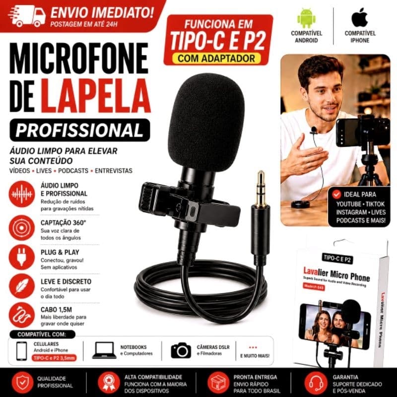 Microfone de Lapela Profissional ORIGINAL. Dá para usar no Celular, Caixa de som, PC  entre outros.