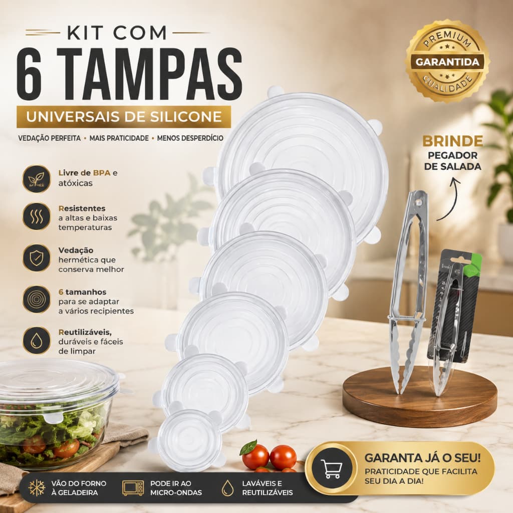 Kit 6 Tampas Silicone Reutilizáveis Vedação Conservação Alimentos Universal + Pegador de Salada Brinde Sem BPA