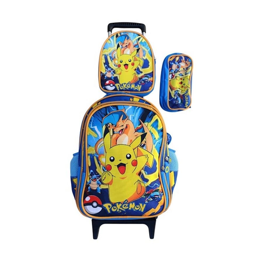Kit Mochila Pokémon com Rodinhas + Lancheira Térmica + Estojo Escolar