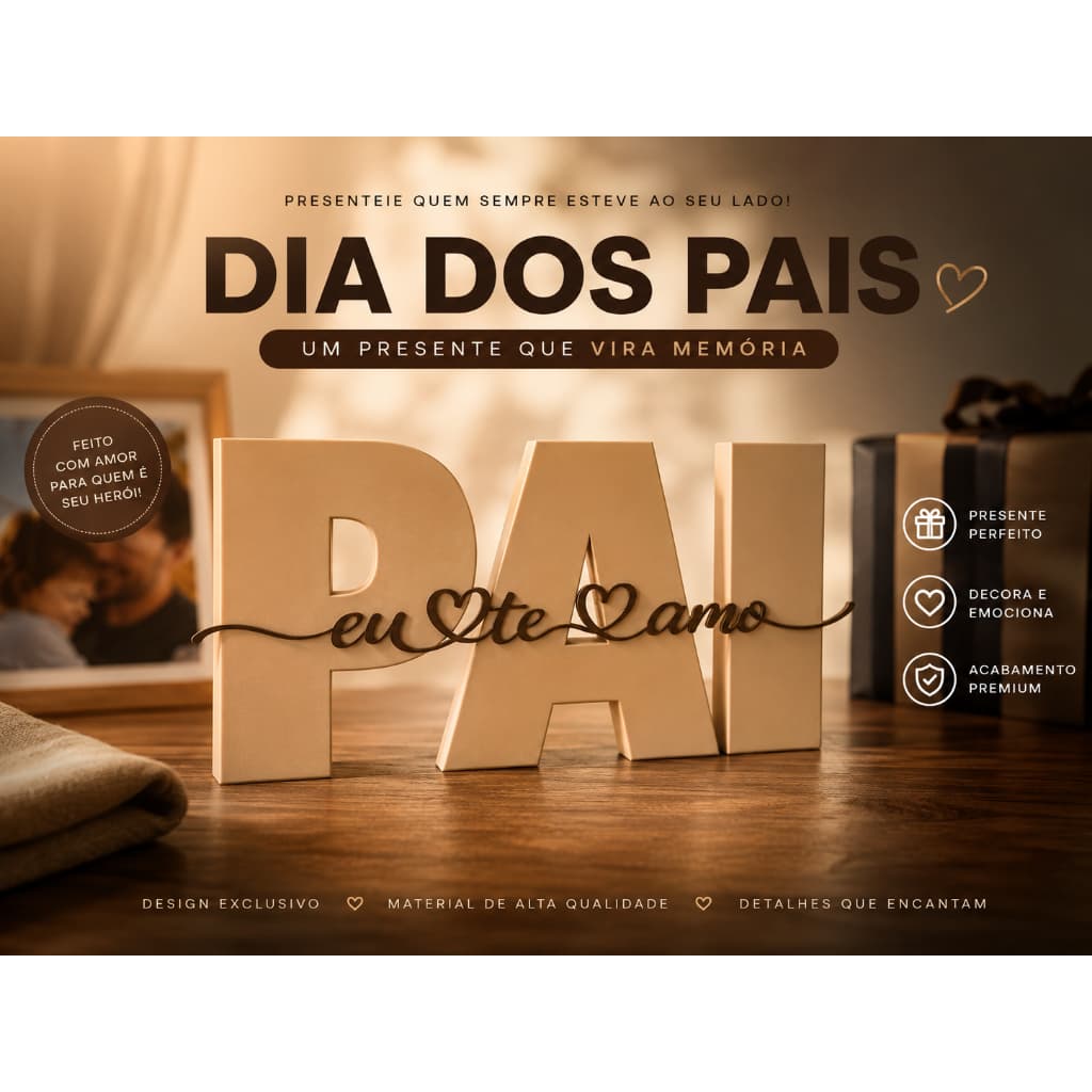 Enfeite Decorativo Dia dos Pais "PAI Eu Te Amo" em impressão 3D – Presente Personalizado e Emocionante