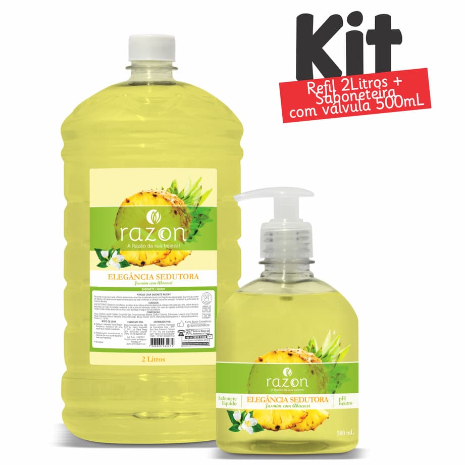 Kit 1 Sabonete Liquido 2L Refil + 1 Sabonete 500ml Elegancia Sedutora (Jasmin com Abacaxi) - Razon Cosmeticos