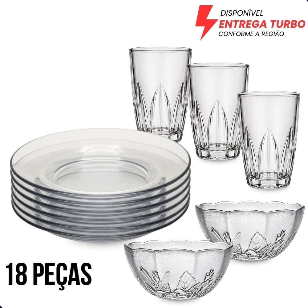 Aparelho de Jantar 18 Peças em Vidro - Copos, Pratos e Tigelas de Sobremesa para Mesa Posta