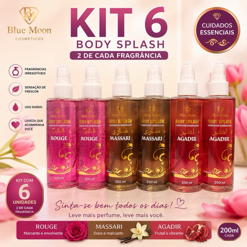 Kit 6 Body Splash 200ml Rouge Massari Agadir 2 de Cada Perfume Blue Moon Mini Atacado