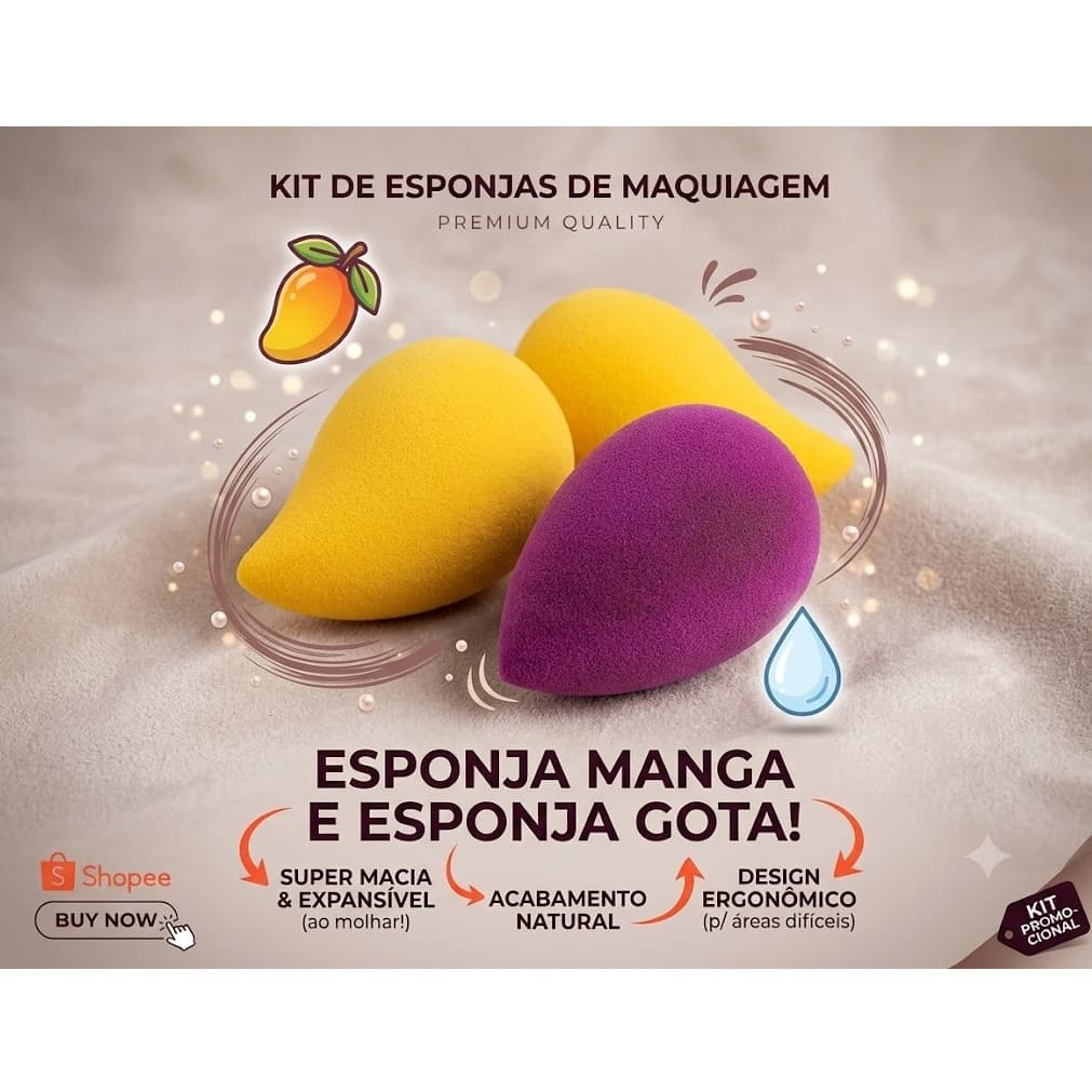 Kit Esponjas De Maquiagem Manga E Gota Super Macia Expande Ao Molhar Para Base E Corretivo