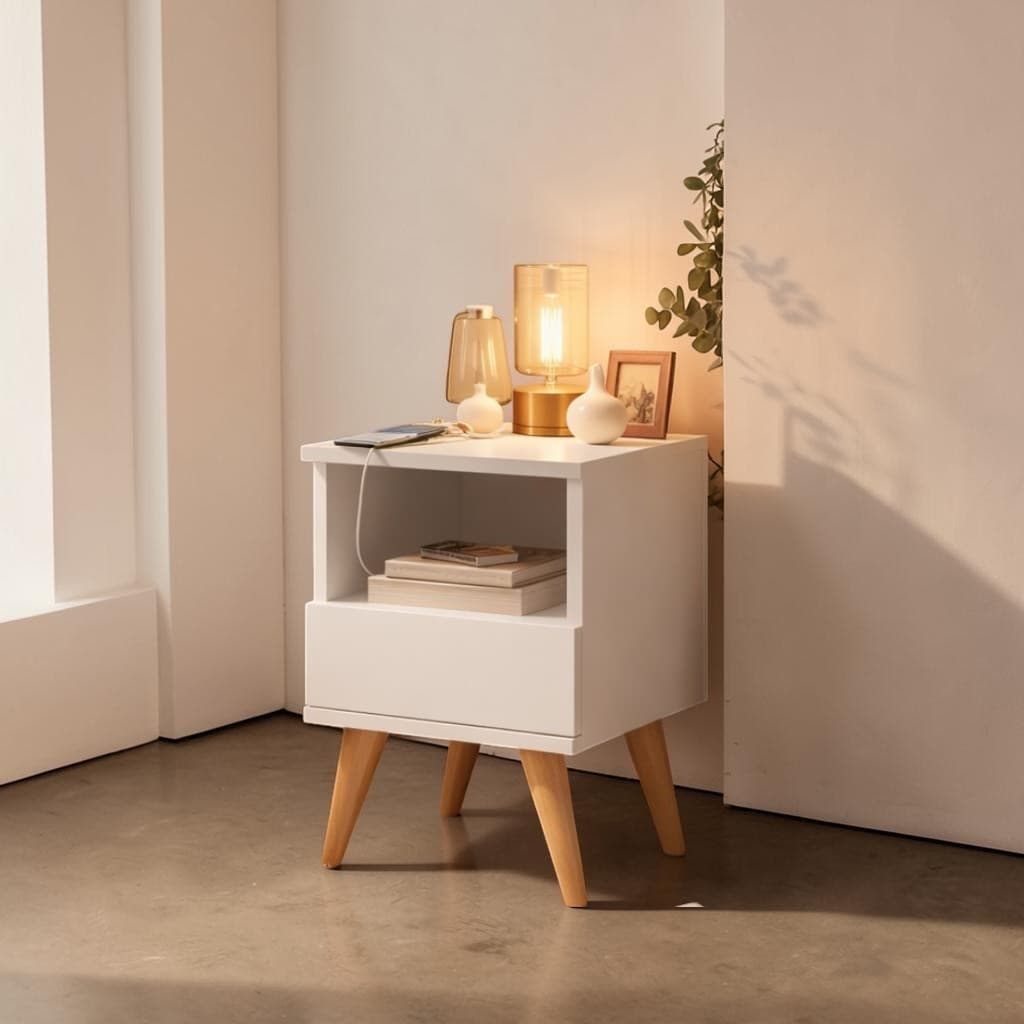 Mesa De Cabeceira Criado-Mudo 1 Gaveta Nicho Organizador Para Quarto Lateral Da Cama Pés Madeira
