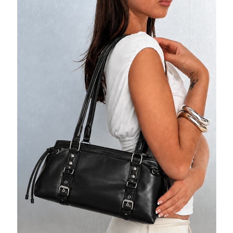 Bolsa Feminina Ombro De Festa Baguete Preta Fashion Couro Pu Moda Blogueira Festival Rock Y2K Punk