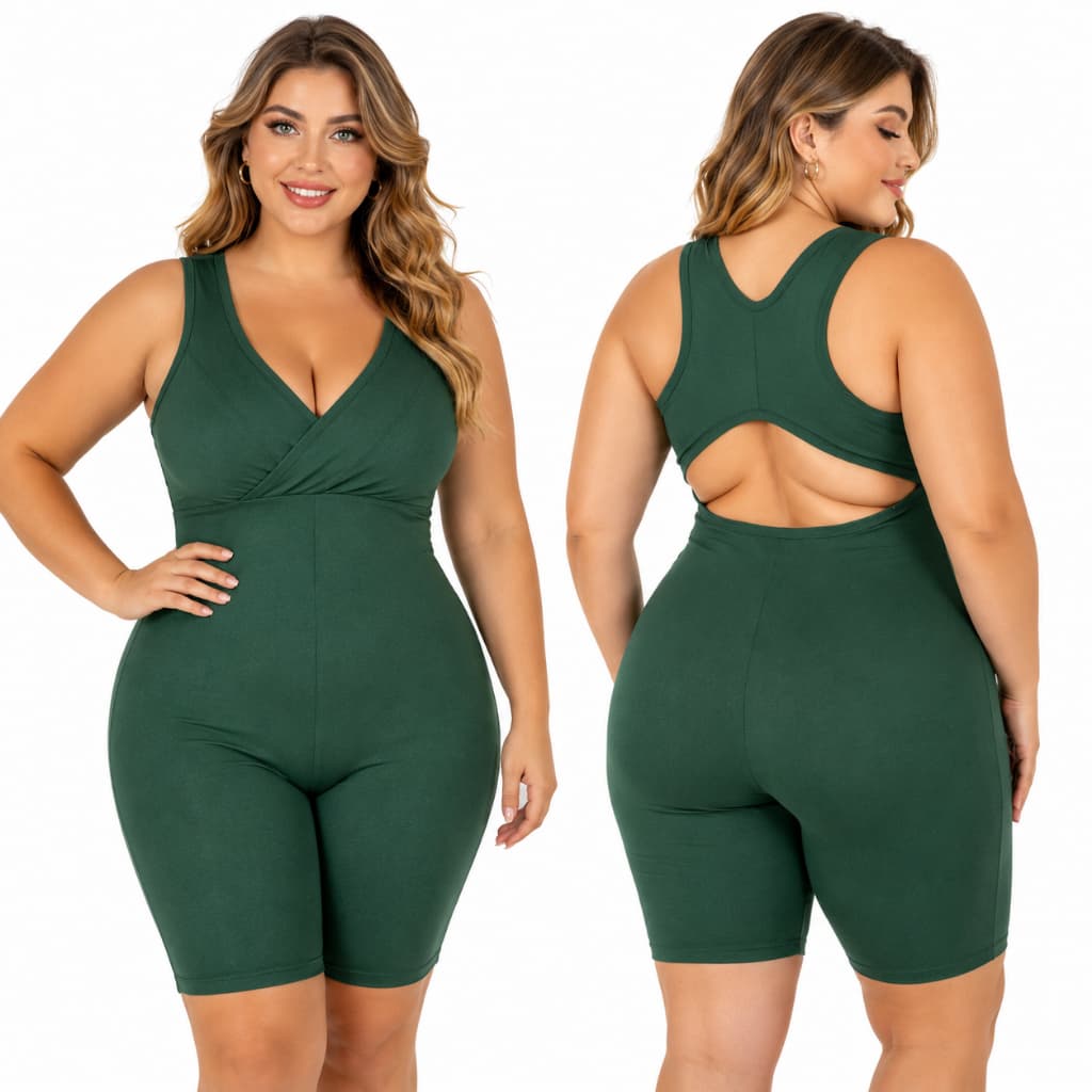 Macacão Curto Fitness Plus Size Zero Transparência Feminino Com Bojo Decote V Academia Cos Alto