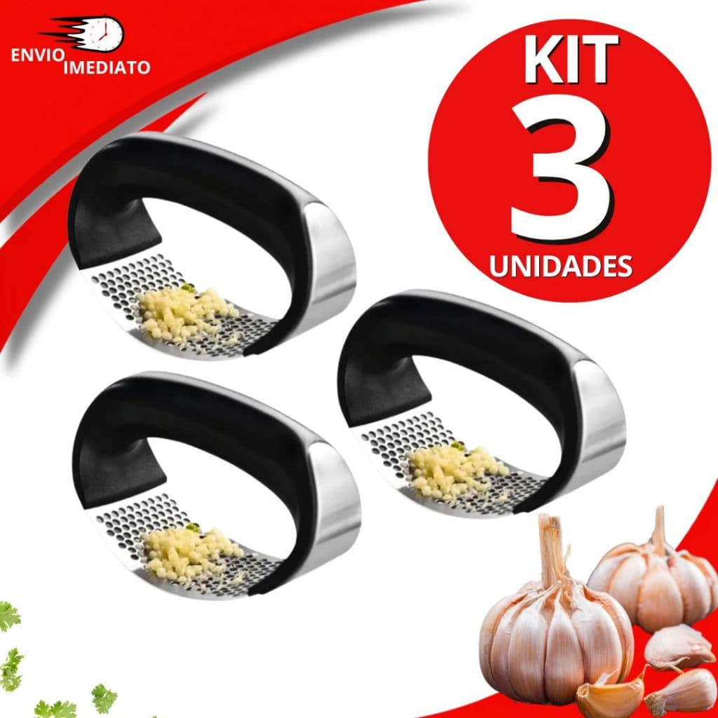 JOGO 3 Triturador Amassador Alho 11cm Batata Legumes Aço Inox Triturador Manual Prático Multiuso Universal Cabo Preto