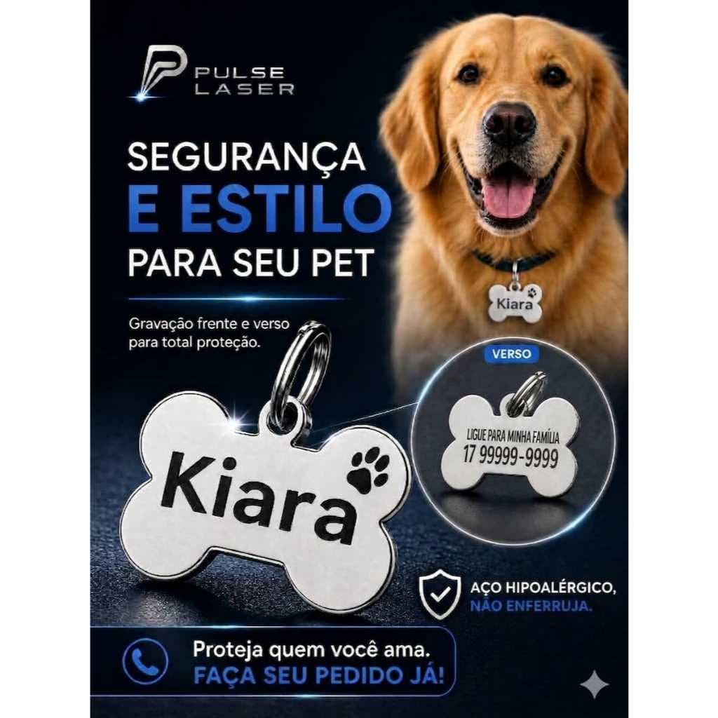 Plaquinha de Identificação Pet Personalizada em Aço Inox Antialérgico
