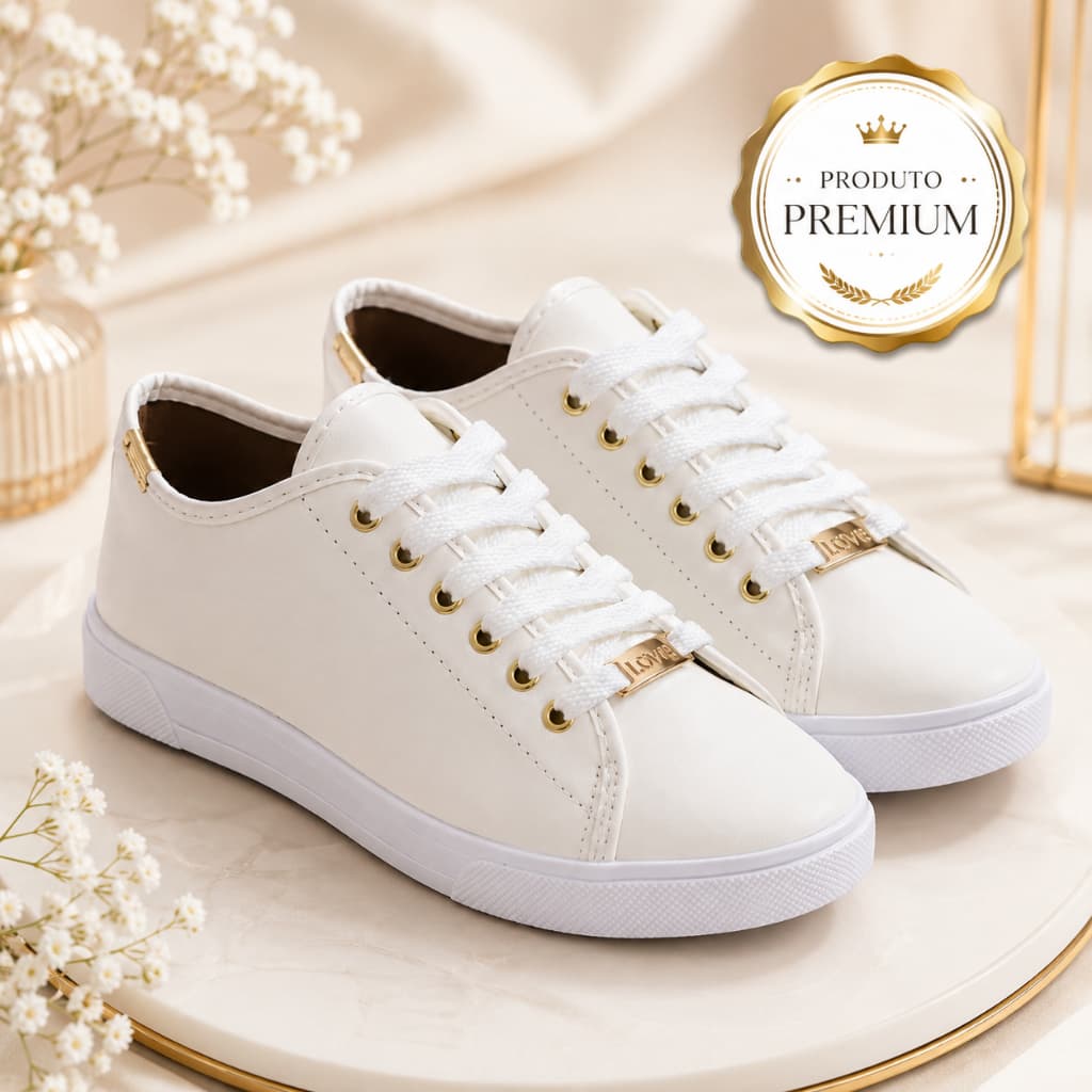 Tênis Feminino Casual Branco Confortável Leve Moderno com Detalhes Dourados para Dia a Dia Trabalho e Passeio