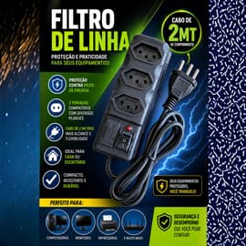 Filtro de Linha  3 Tomadas, Protetor de Energia 10a Bivolt Preto Fusível Tripolar Cabo 2MT