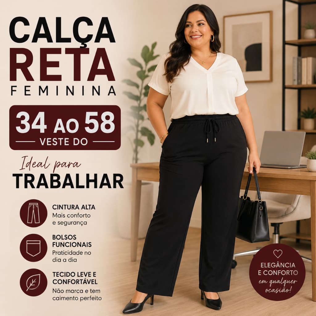 Calça Reta Feminina Plus Size Midsize para Trabalho Cintura Alta Bolso Viscolycra  M G GG G1 G2 G3