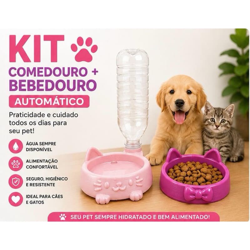 Kit Comedouro + Bebedouro Automático para Cachorro e Gato | Compatível com Garrafa PET | Alimentador Pet
