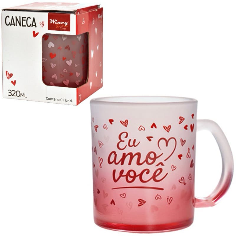 CANECA XICARA DE VIDRO FOSCO IN LOVE CORACAO EU AMO VOCE 320ML