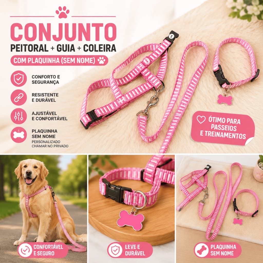 Kit Peitoral Guia e Coleira para Cachorro com Plaquinha de Identificação