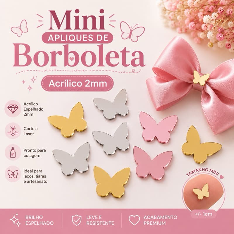 Kit 30 Mini Aplique de Borboleta Acrílico 2mm