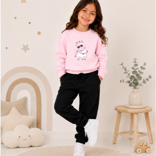 Conjunto Moletom Blusa Gola Careca e Calça Infantil Premium Estampa Lhama Corações Fofa