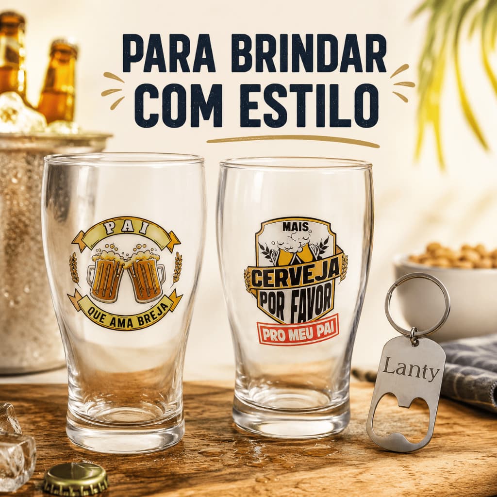 Kit 2 Copos Com Chaveiro Vidro 580ml Dia Dos Pais Presente Cerveja
