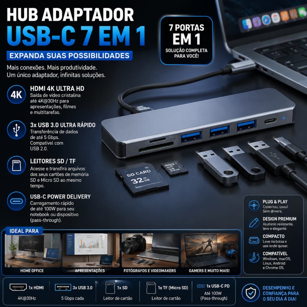 Estação Docking USB-C Profissional 7 em 1 - HDMI 4K, USB 3.0 Ultra Rápido e Leitor SD/TF para P