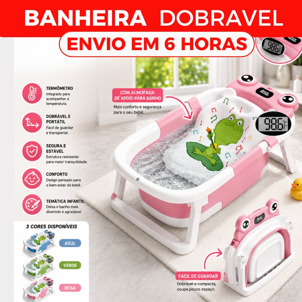 Banheira Bebê Dobrável Portátil Com Termômetro Compacta Segura Divertida Temática Infantil