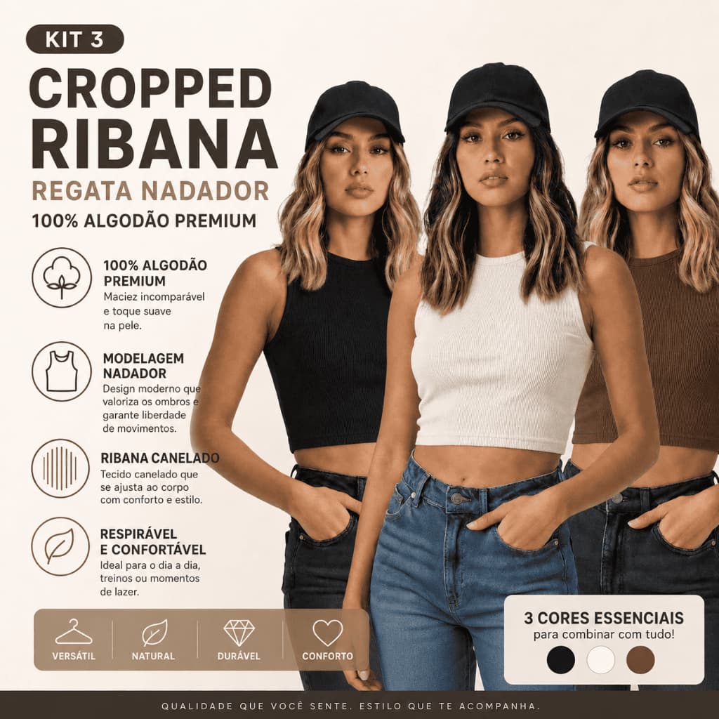 Cropped Ribana Canelado Regata Nadador Algodão Premium Casual 100% Algodão