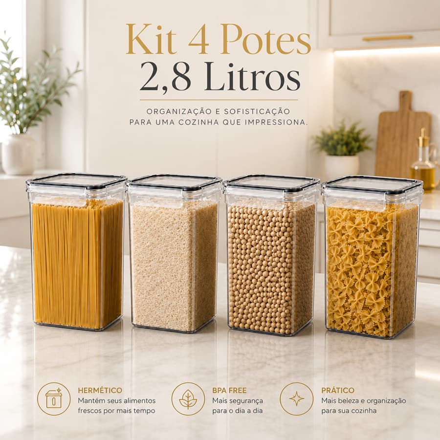 Kit 4 Potes Herméticos 2,8 Litros Tampa De Vedação Empilhável
