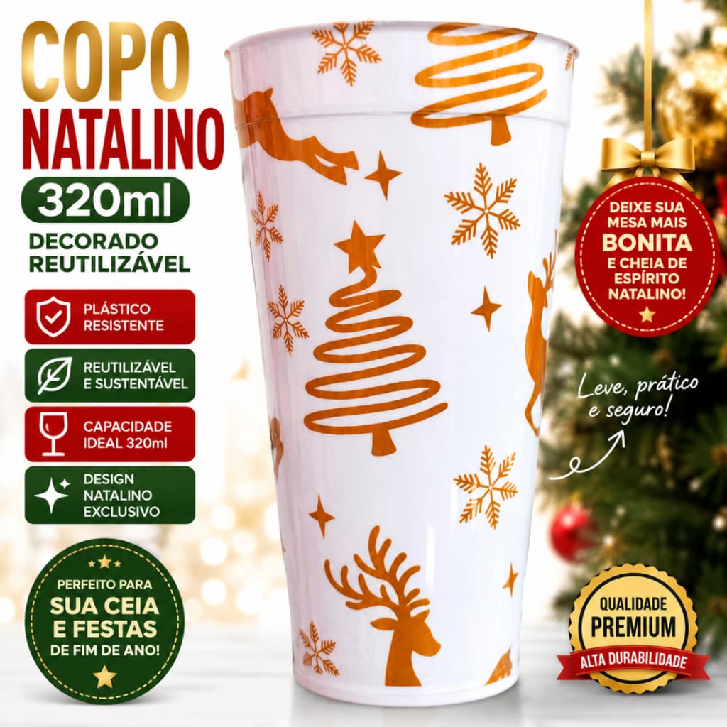 Copo Natalino 320ml Decorado Reutilizável Plástico Festa de Natal Ceia Ano Novo