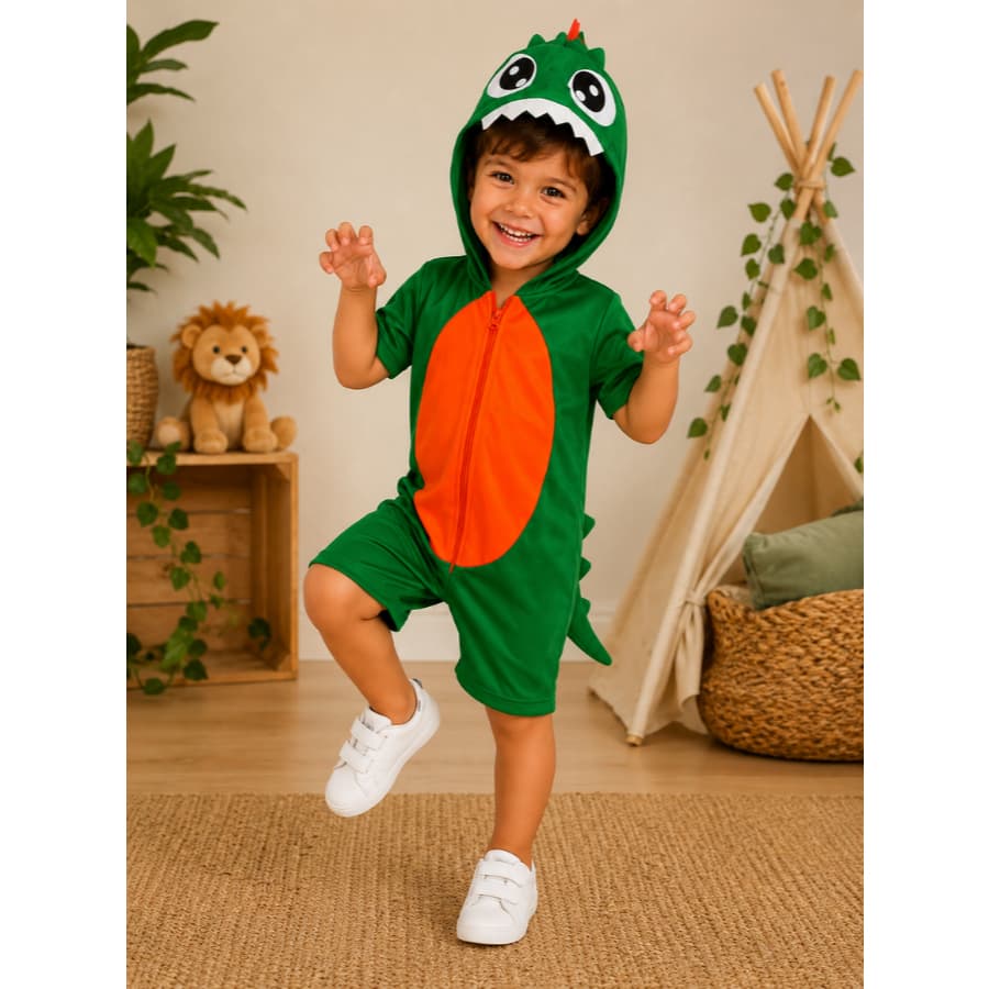 Fantasia Infantil Dinossauro Com Capuz Espinhos nas Costas e Cauda Roupa Macacão Com Zíper de Bichinho Menino e Menina
