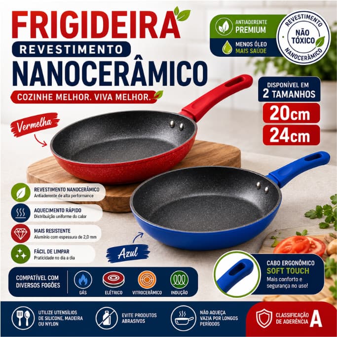 Frigideira Antiaderente Nanocerâmica Vermelha, Azul, Não Gruda, Fogão Indução, Gás, Elétrico, Cerâmico