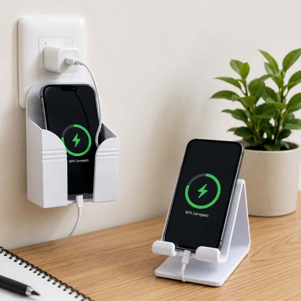 Kit 2 Suportes para Celular Mesa e Parede Organizador para Carregador Universal