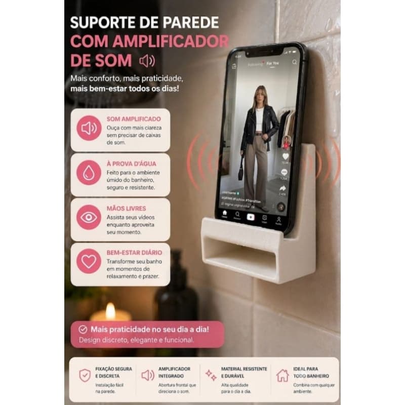 Suporte para Celular de Parede com Amplificador de som para Cozinha e Chuveiro.