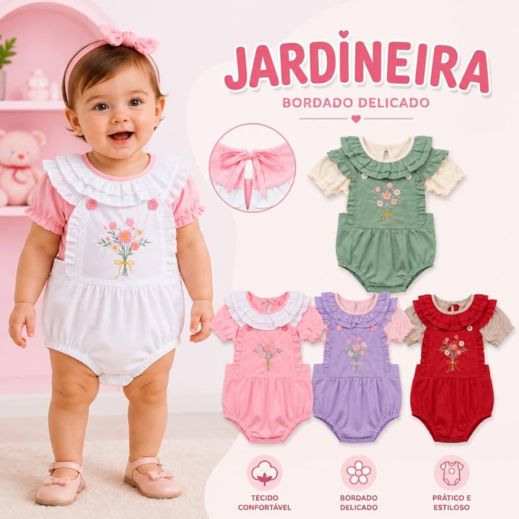 Body bebe bordado com babado body infantil body algodão Body Bebe Menina Manga Curta Malha 100% Algodão