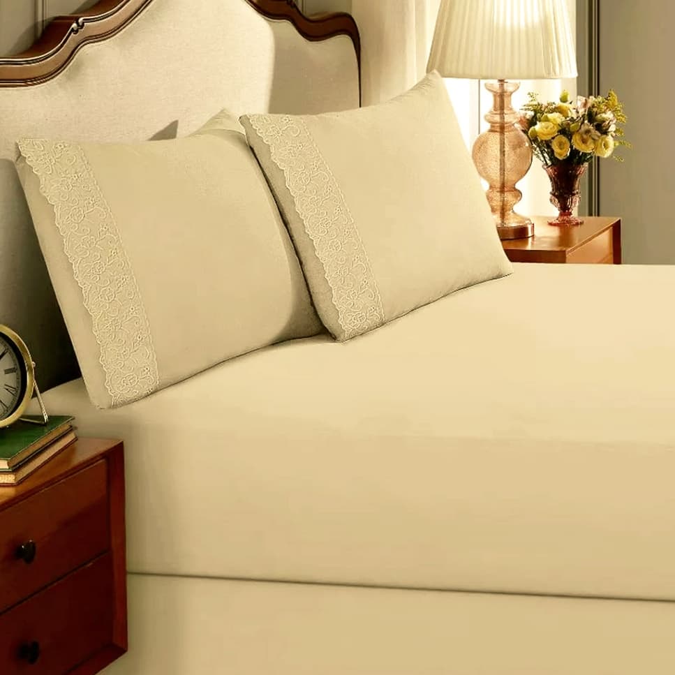 Jogo Lençol Cama Queen Microfibra Sonata Buettner 3 Peças com Renda Alice (Lençol com Elástico e Fronhas com Renda)