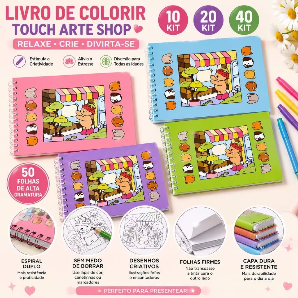 Livro de Colorir Espiral 50 Folhas Papel Grosso | Caderno para Colorir com Folha Protetora | Kit 10 20 40 Unidades