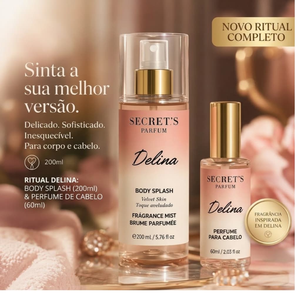 Body Splash Delina 200ml + Perfume Cabelo Delina 60ml  Kit Presente Feminino Longa Duração Luxo