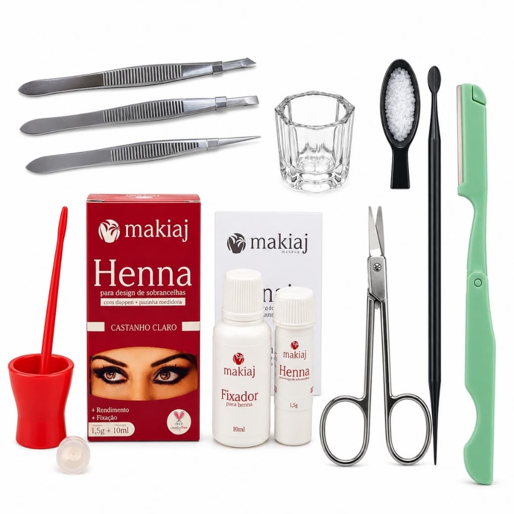 Kit Sobrancelha Makiaj Henna Design Profissional 3 Pinças Navalha Palito Dappen Tesoura Renna