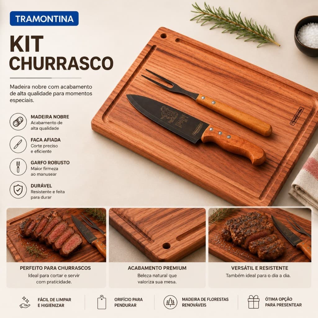 Tábua para Churrasco + Garfo e Faca Tramontina