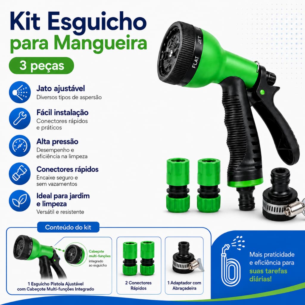 Kit Esguicho para Mangueira de Jardim 8 Modos de Jato com Conectores Rápido e Adaptador de Torneira Alta Pressão