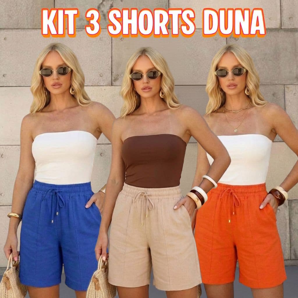 Kit 3 Short Feminino Tecido Crepe Duna Bermuda Longuete Cintura Alta Com Elástico e Bolso Confortável