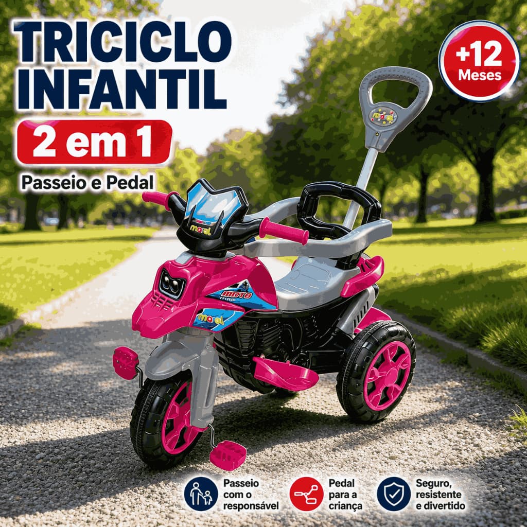 Triciclo Infantil Maral Moto Trail Rosa Passeio e Pedal